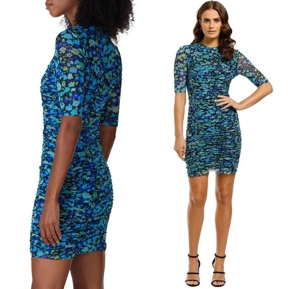 GANNI Floral Ruched Stretch Tulle Short Sleeve Crew Neck Bodycon Sheath Dress XS - Picture 8 of 16